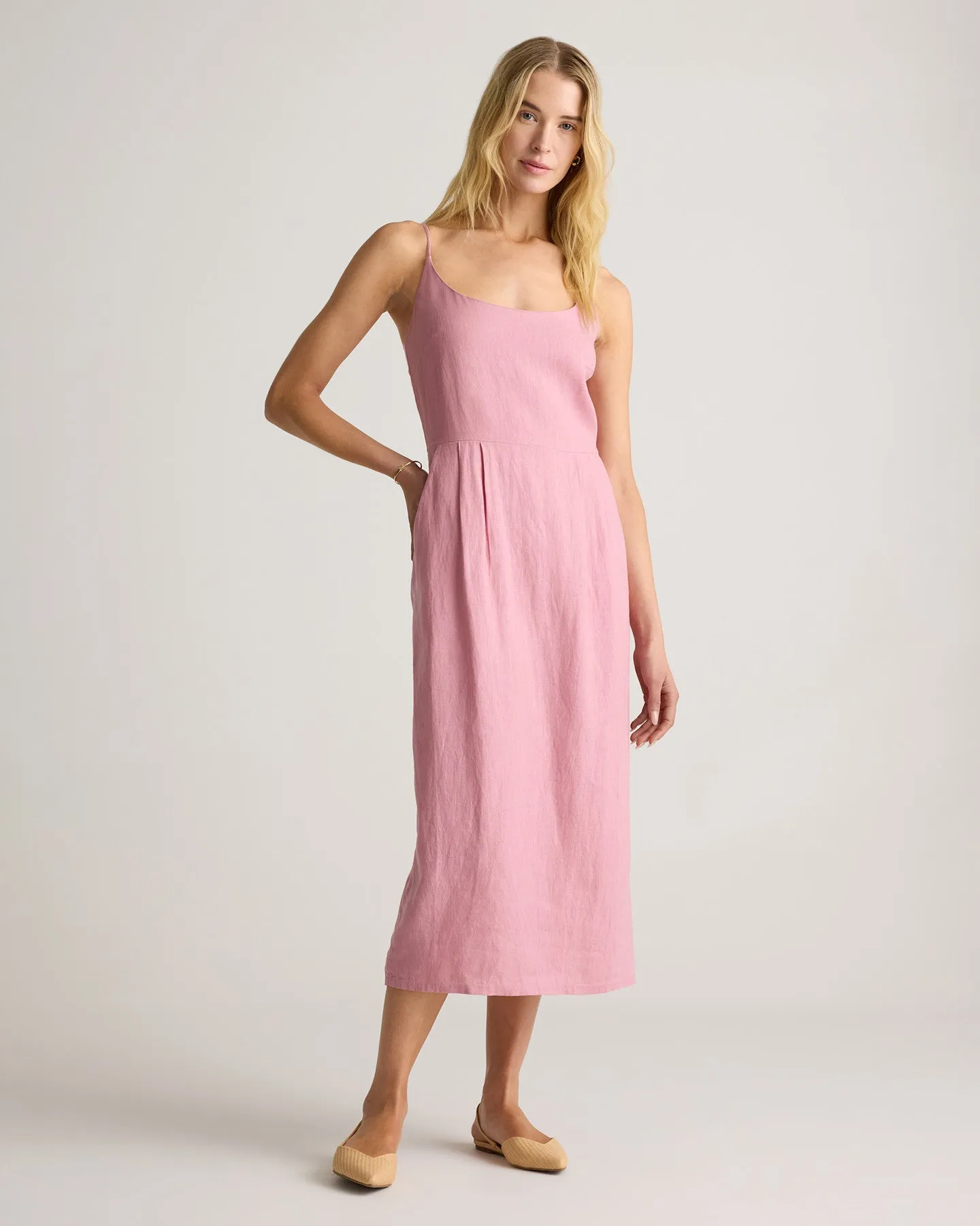100% European Linen Scoop Neck Midi Dress