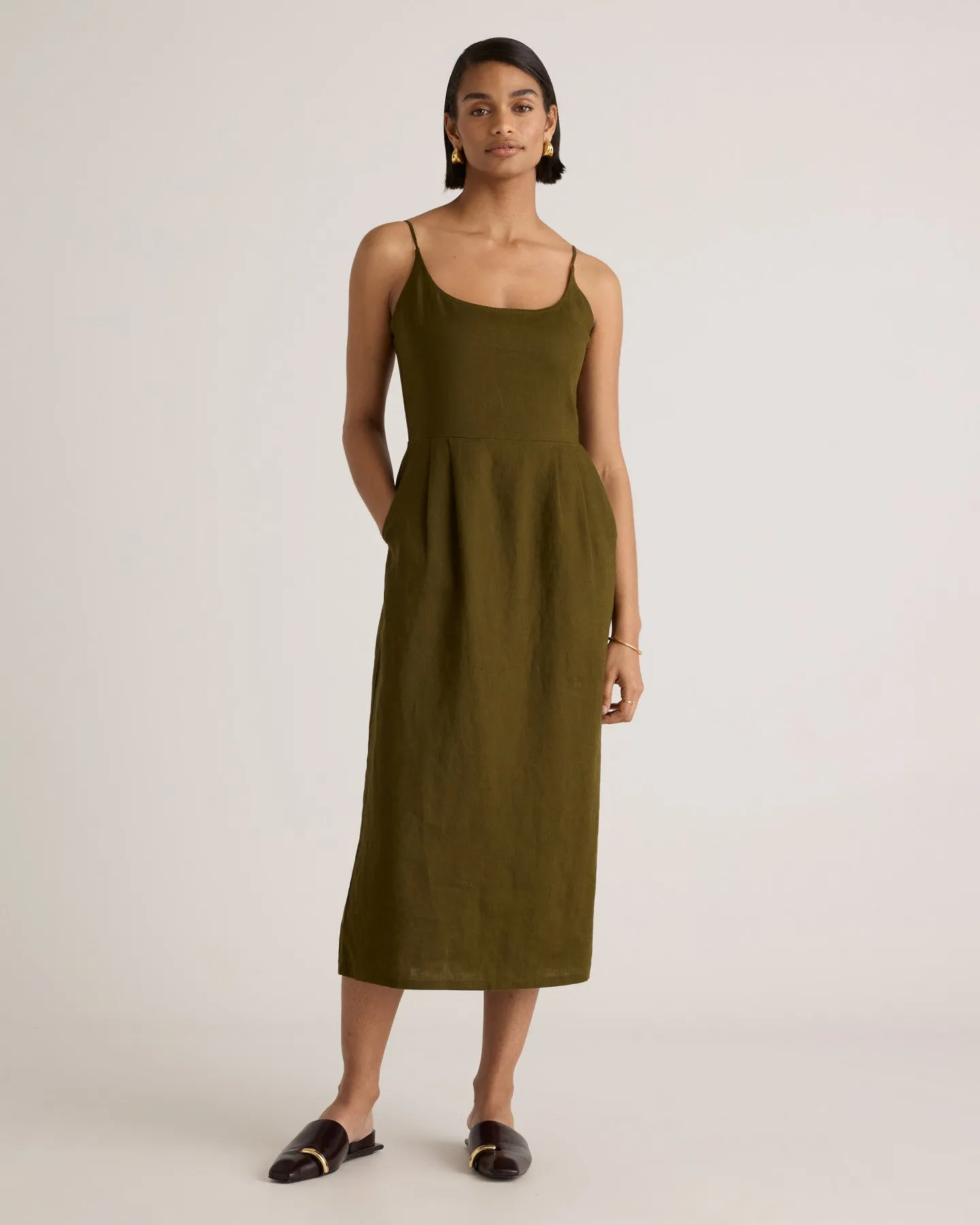 100% European Linen Scoop Neck Midi Dress