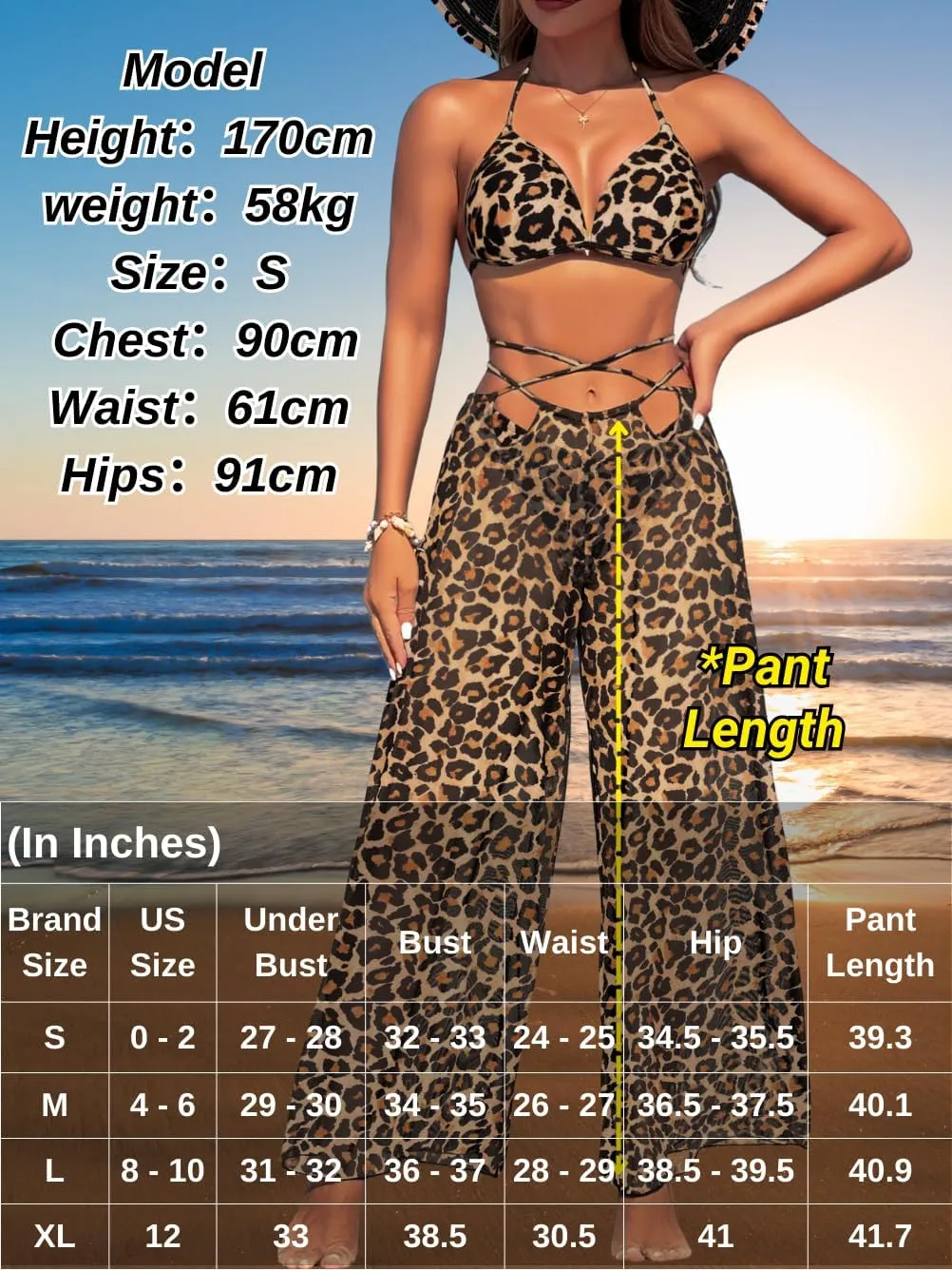 3 Piece Bikini Sets with Mesh Cover Up Pants, Halter Cheeky Thong Swimsuits, Sexy Bathing Suits for Women