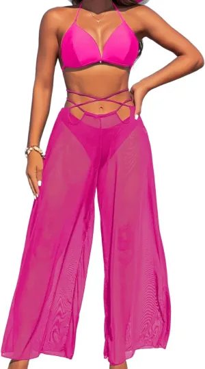 3 Piece Bikini Sets with Mesh Cover Up Pants, Halter Cheeky Thong Swimsuits, Sexy Bathing Suits for Women