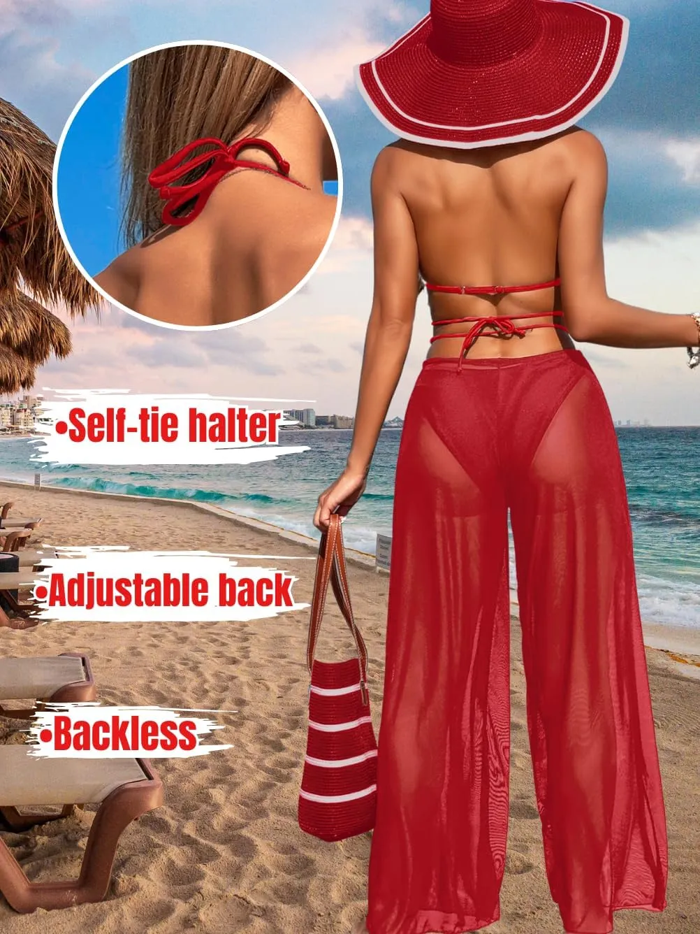 3 Piece Bikini Sets with Mesh Cover Up Pants, Halter Cheeky Thong Swimsuits, Sexy Bathing Suits for Women