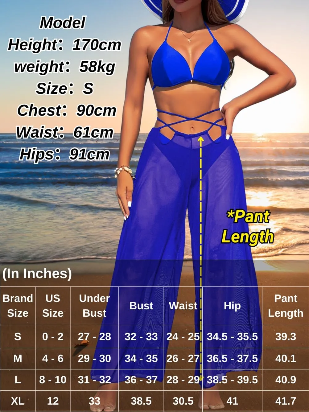 3 Piece Bikini Sets with Mesh Cover Up Pants, Halter Cheeky Thong Swimsuits, Sexy Bathing Suits for Women