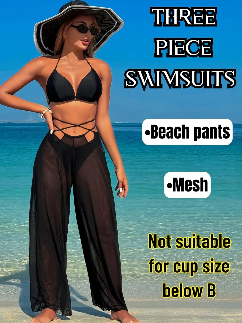 3 Piece Bikini Sets with Mesh Cover Up Pants, Halter Cheeky Thong Swimsuits, Sexy Bathing Suits for Women