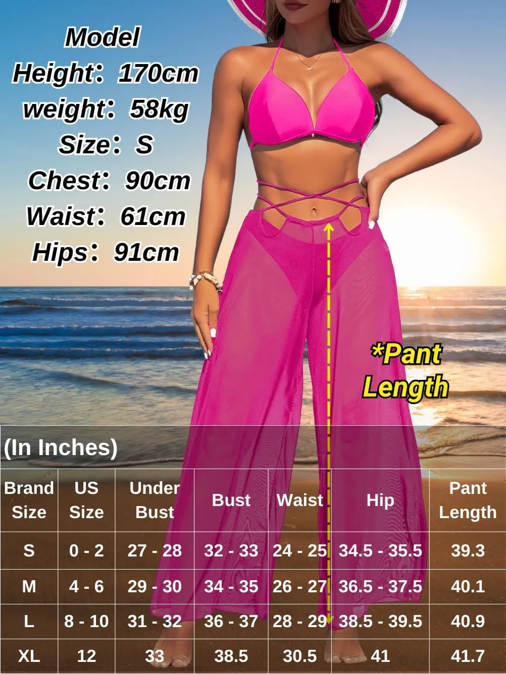 3 Piece Bikini Sets with Mesh Cover Up Pants, Halter Cheeky Thong Swimsuits, Sexy Bathing Suits for Women