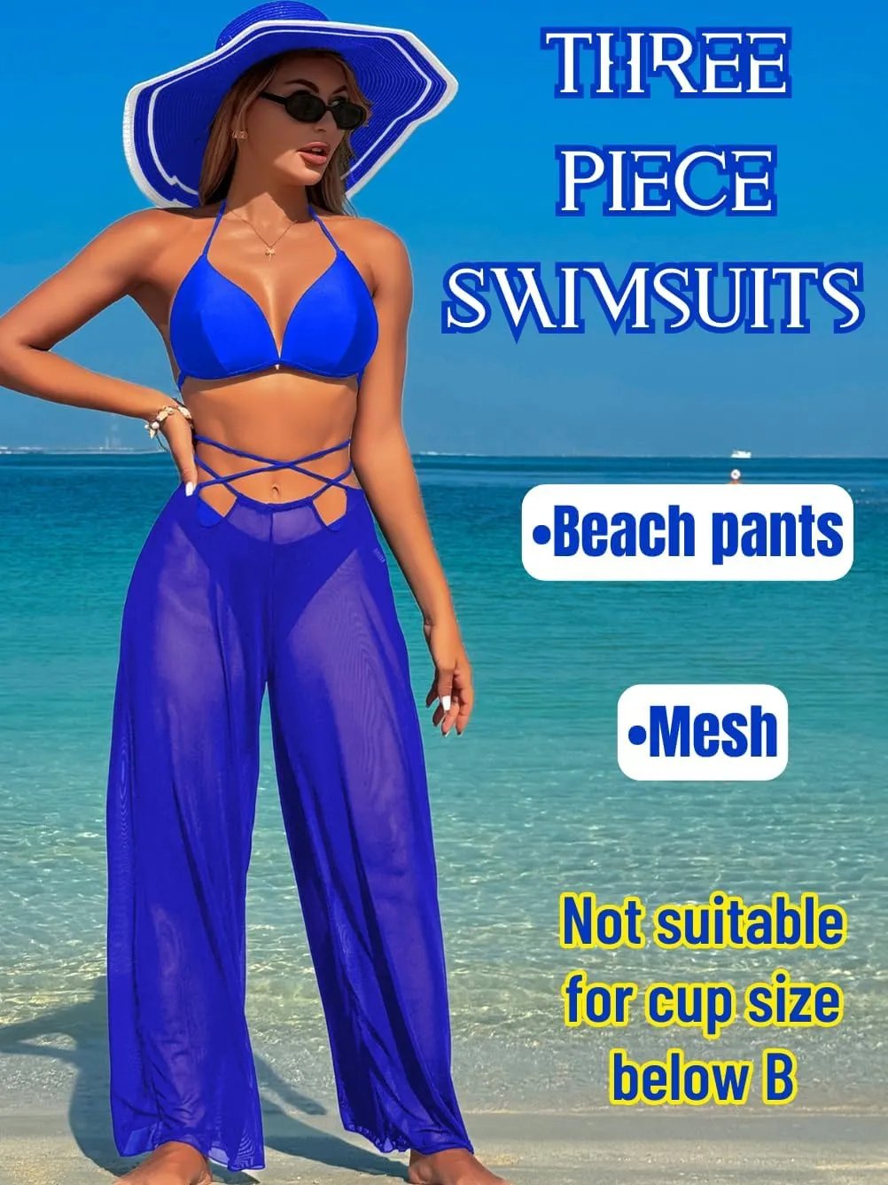 3 Piece Bikini Sets with Mesh Cover Up Pants, Halter Cheeky Thong Swimsuits, Sexy Bathing Suits for Women