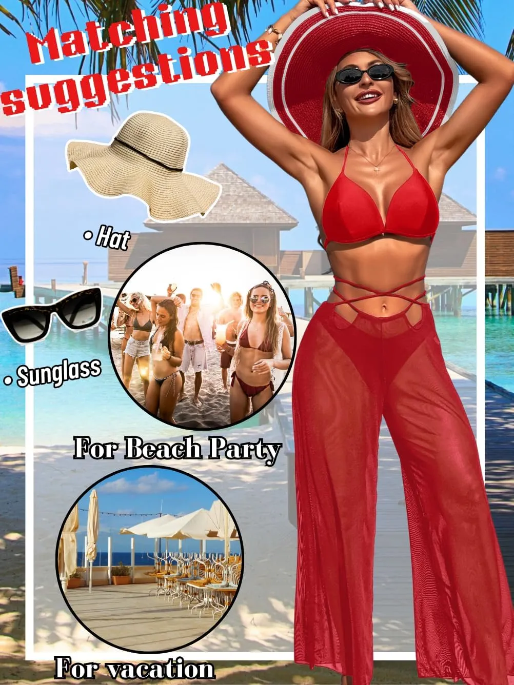 3 Piece Bikini Sets with Mesh Cover Up Pants, Halter Cheeky Thong Swimsuits, Sexy Bathing Suits for Women