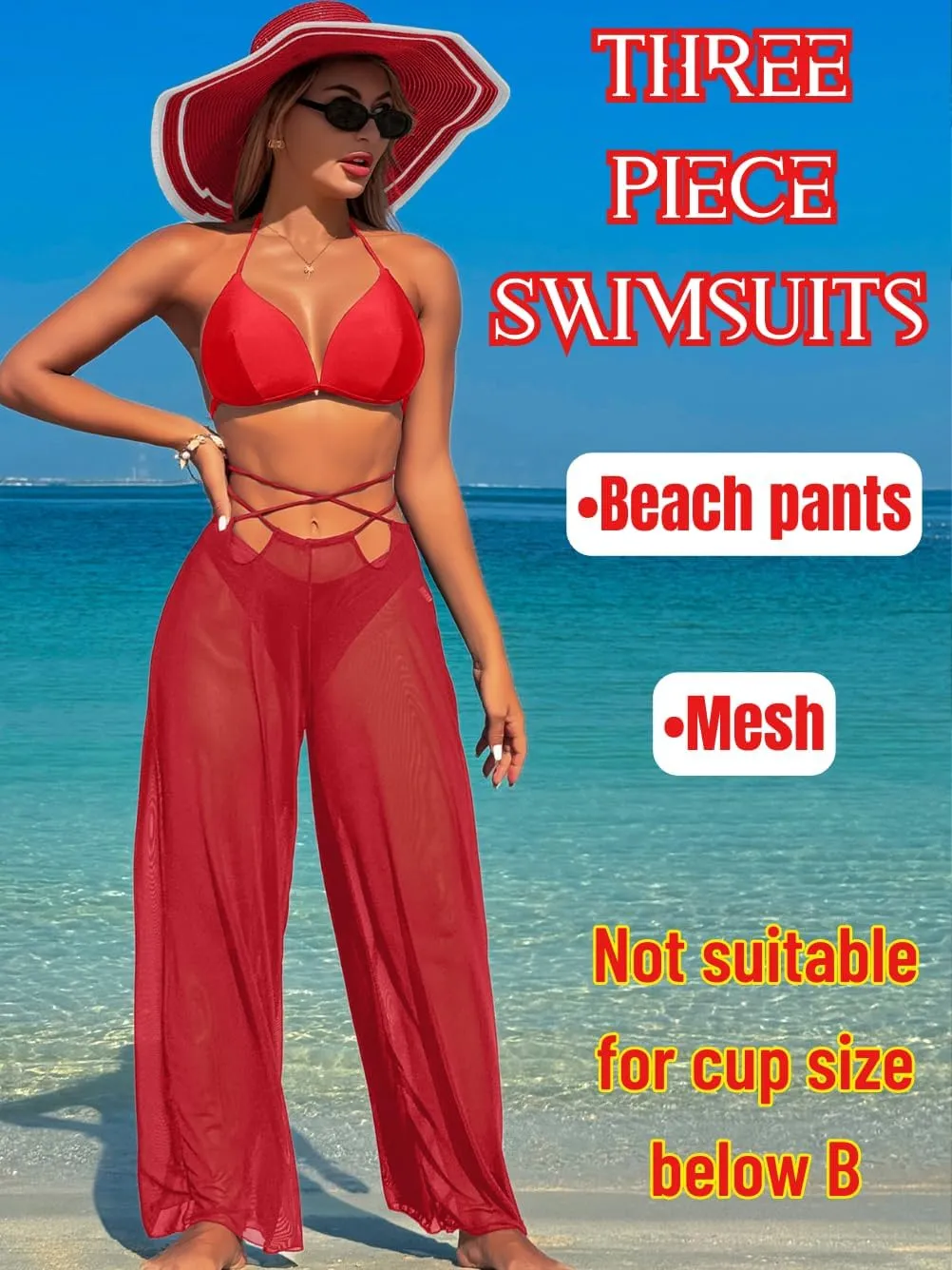 3 Piece Bikini Sets with Mesh Cover Up Pants, Halter Cheeky Thong Swimsuits, Sexy Bathing Suits for Women