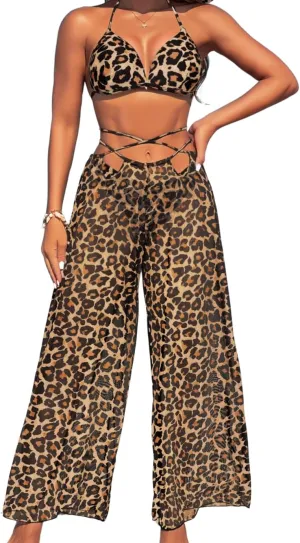 3 Piece Bikini Sets with Mesh Cover Up Pants, Halter Cheeky Thong Swimsuits, Sexy Bathing Suits for Women