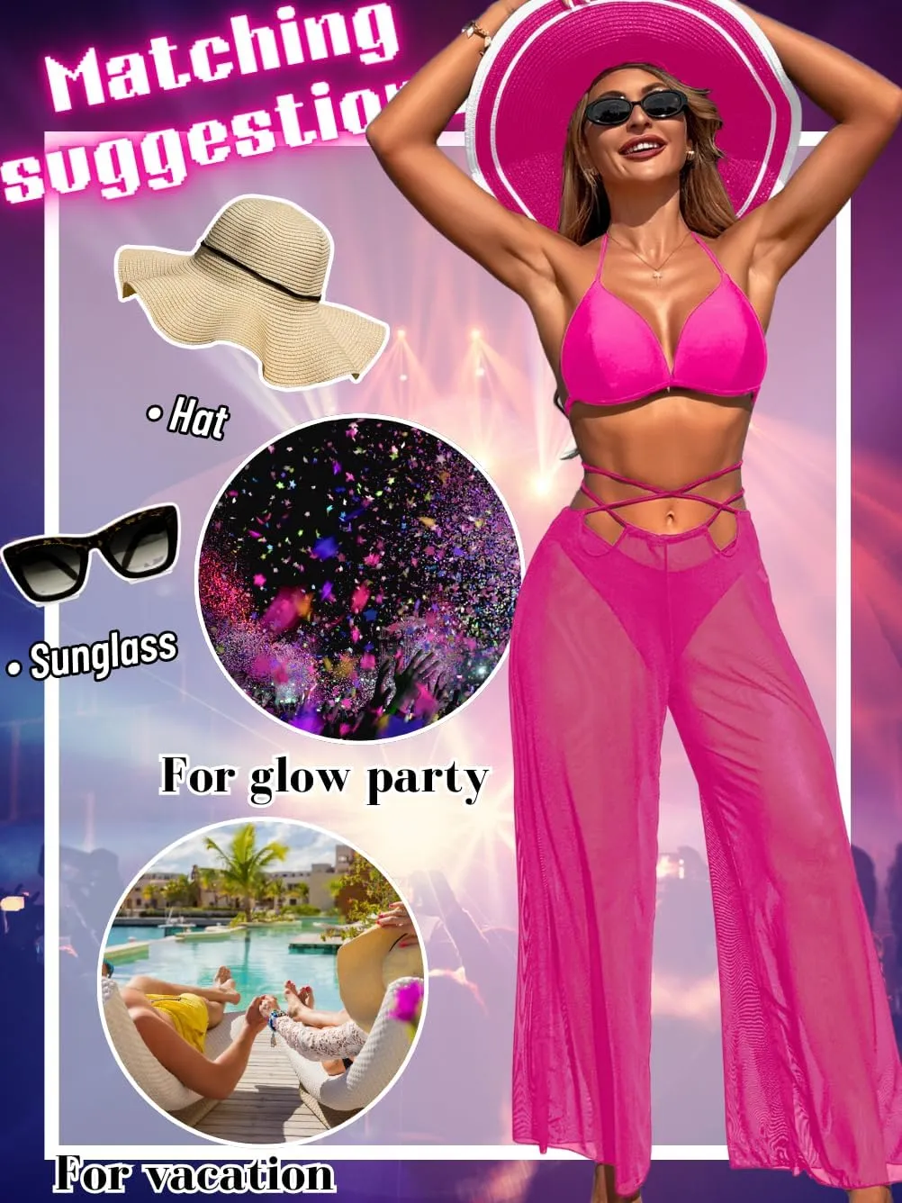 3 Piece Bikini Sets with Mesh Cover Up Pants, Halter Cheeky Thong Swimsuits, Sexy Bathing Suits for Women