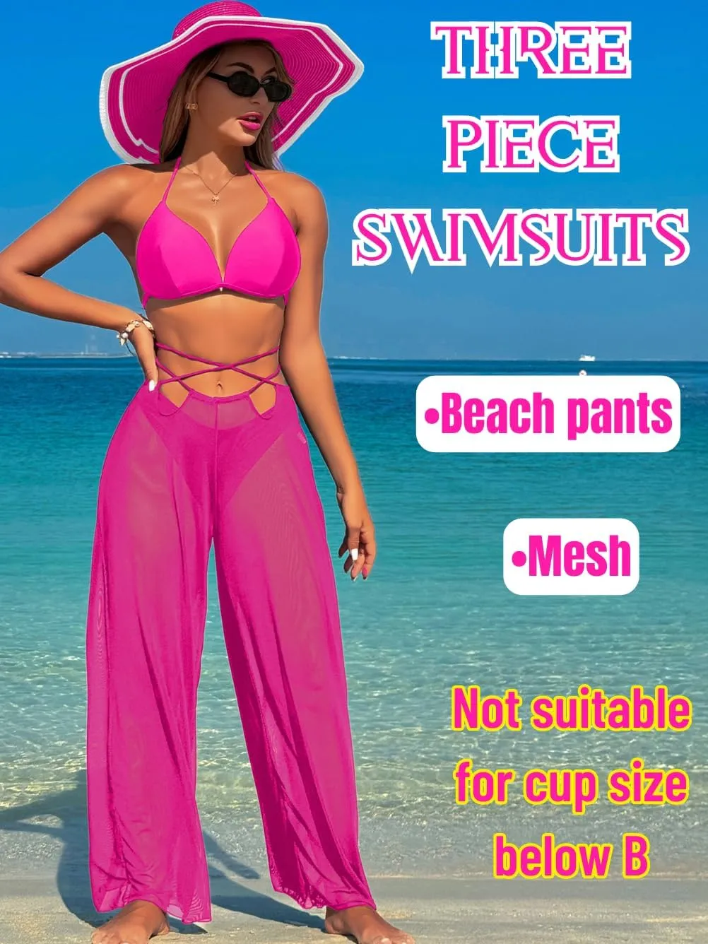 3 Piece Bikini Sets with Mesh Cover Up Pants, Halter Cheeky Thong Swimsuits, Sexy Bathing Suits for Women