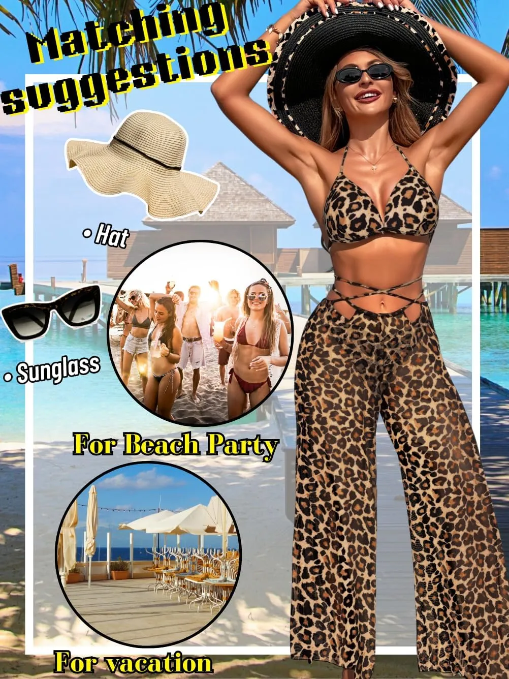 3 Piece Bikini Sets with Mesh Cover Up Pants, Halter Cheeky Thong Swimsuits, Sexy Bathing Suits for Women