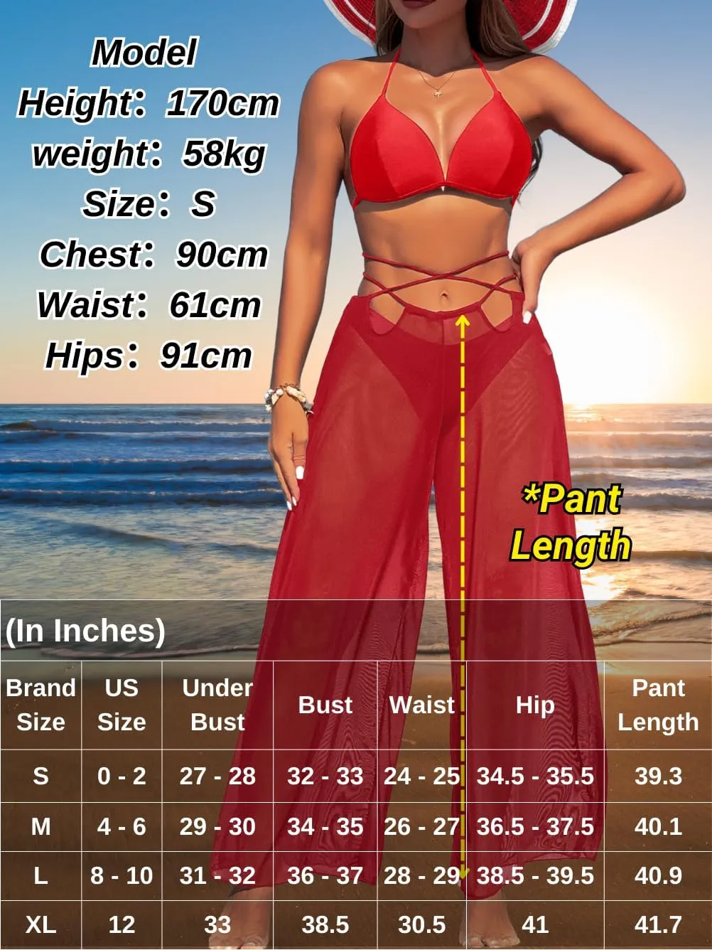 3 Piece Bikini Sets with Mesh Cover Up Pants, Halter Cheeky Thong Swimsuits, Sexy Bathing Suits for Women