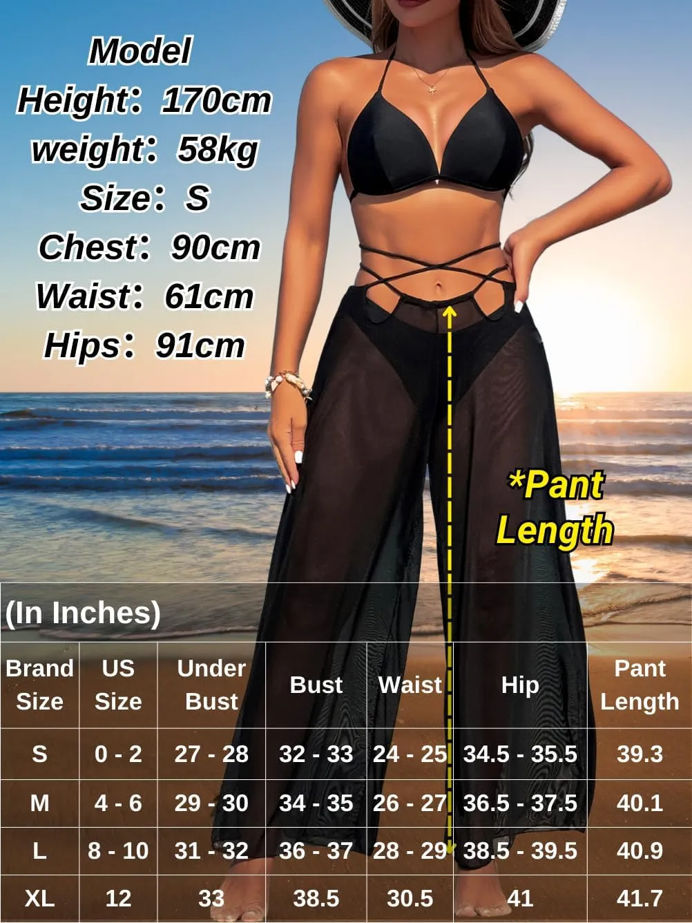 3 Piece Bikini Sets with Mesh Cover Up Pants, Halter Cheeky Thong Swimsuits, Sexy Bathing Suits for Women