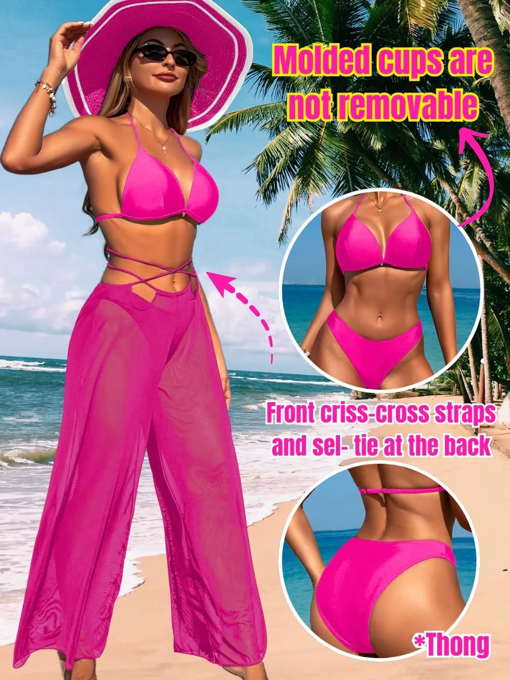 3 Piece Bikini Sets with Mesh Cover Up Pants, Halter Cheeky Thong Swimsuits, Sexy Bathing Suits for Women