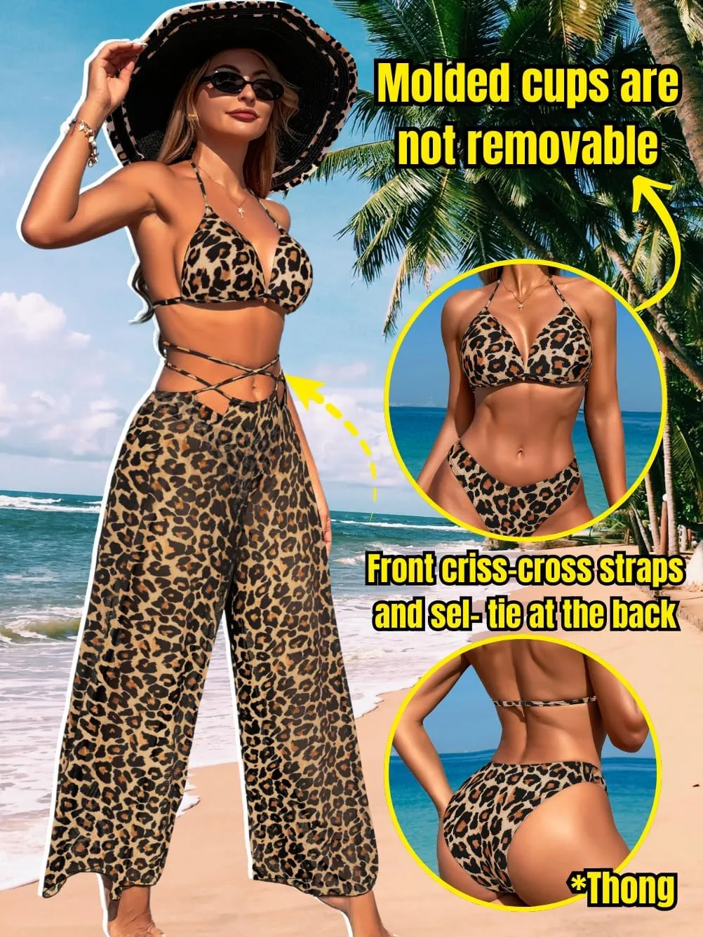 3 Piece Bikini Sets with Mesh Cover Up Pants, Halter Cheeky Thong Swimsuits, Sexy Bathing Suits for Women