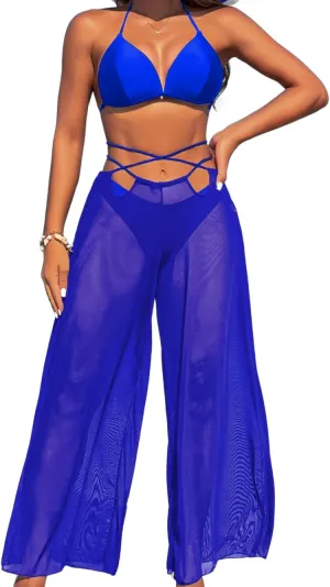 3 Piece Bikini Sets with Mesh Cover Up Pants, Halter Cheeky Thong Swimsuits, Sexy Bathing Suits for Women