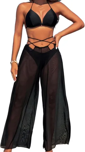 3 Piece Bikini Sets with Mesh Cover Up Pants, Halter Cheeky Thong Swimsuits, Sexy Bathing Suits for Women