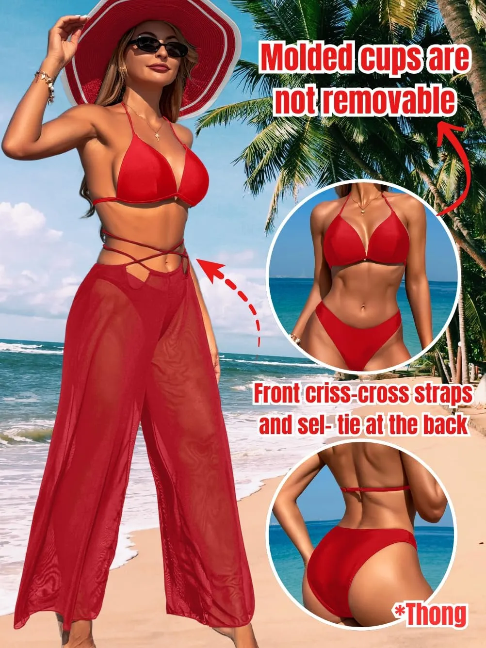3 Piece Bikini Sets with Mesh Cover Up Pants, Halter Cheeky Thong Swimsuits, Sexy Bathing Suits for Women