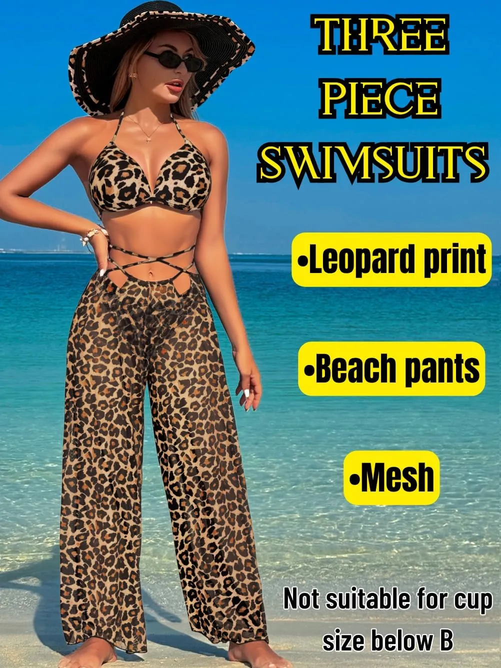 3 Piece Bikini Sets with Mesh Cover Up Pants, Halter Cheeky Thong Swimsuits, Sexy Bathing Suits for Women
