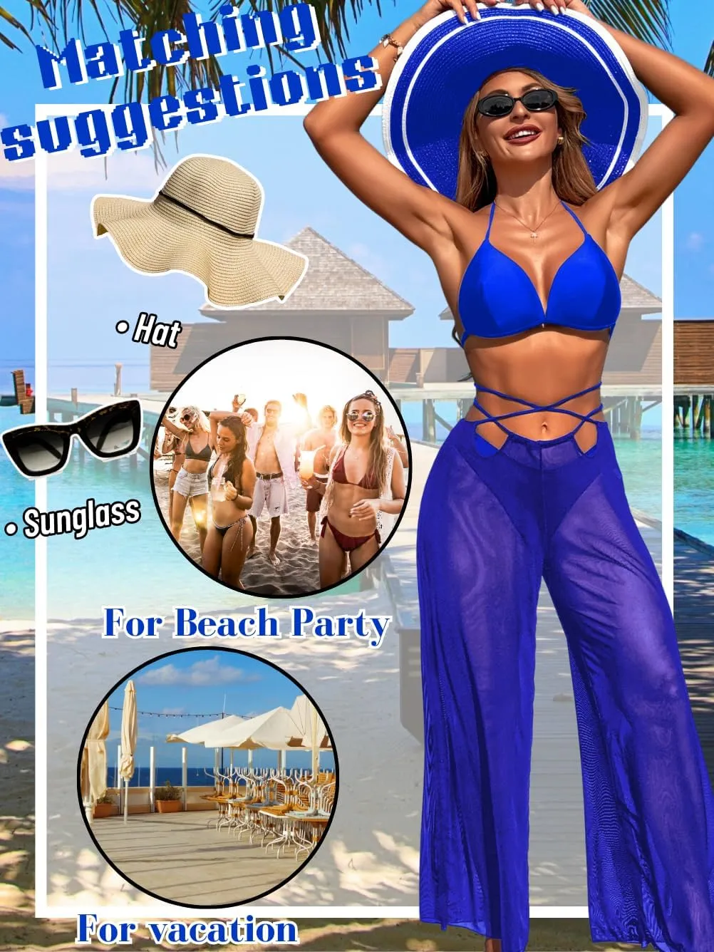 3 Piece Bikini Sets with Mesh Cover Up Pants, Halter Cheeky Thong Swimsuits, Sexy Bathing Suits for Women