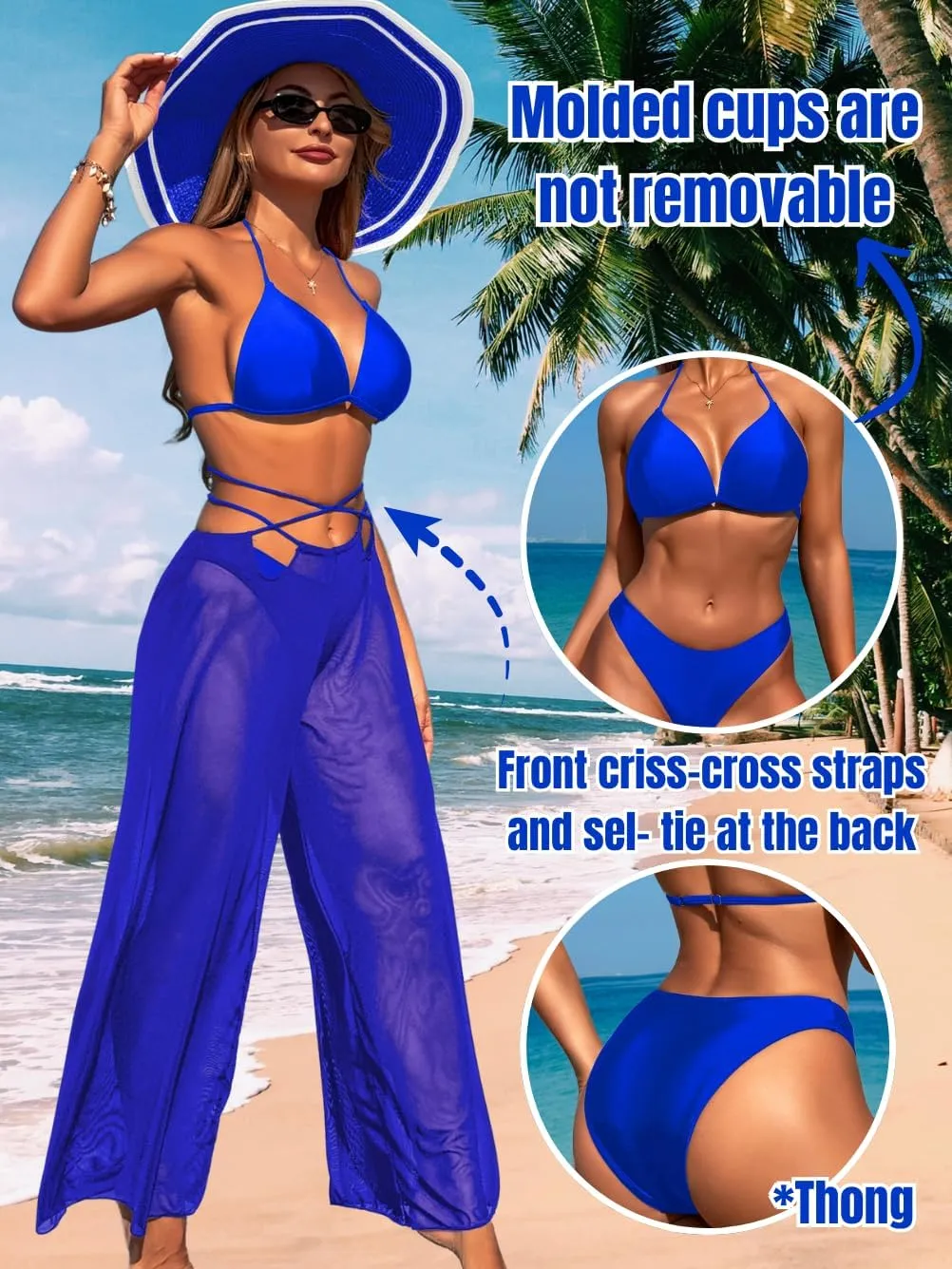 3 Piece Bikini Sets with Mesh Cover Up Pants, Halter Cheeky Thong Swimsuits, Sexy Bathing Suits for Women