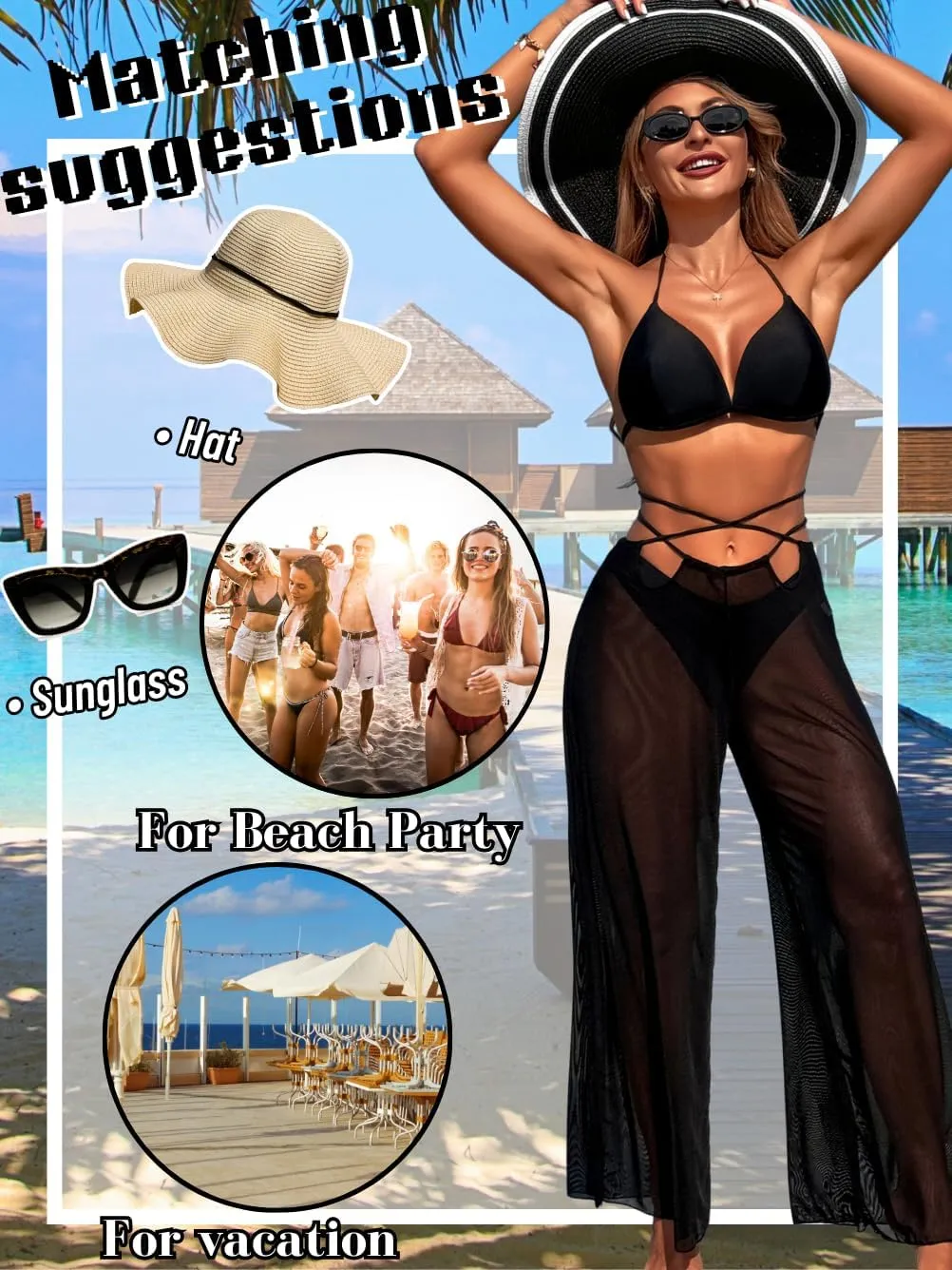 3 Piece Bikini Sets with Mesh Cover Up Pants, Halter Cheeky Thong Swimsuits, Sexy Bathing Suits for Women