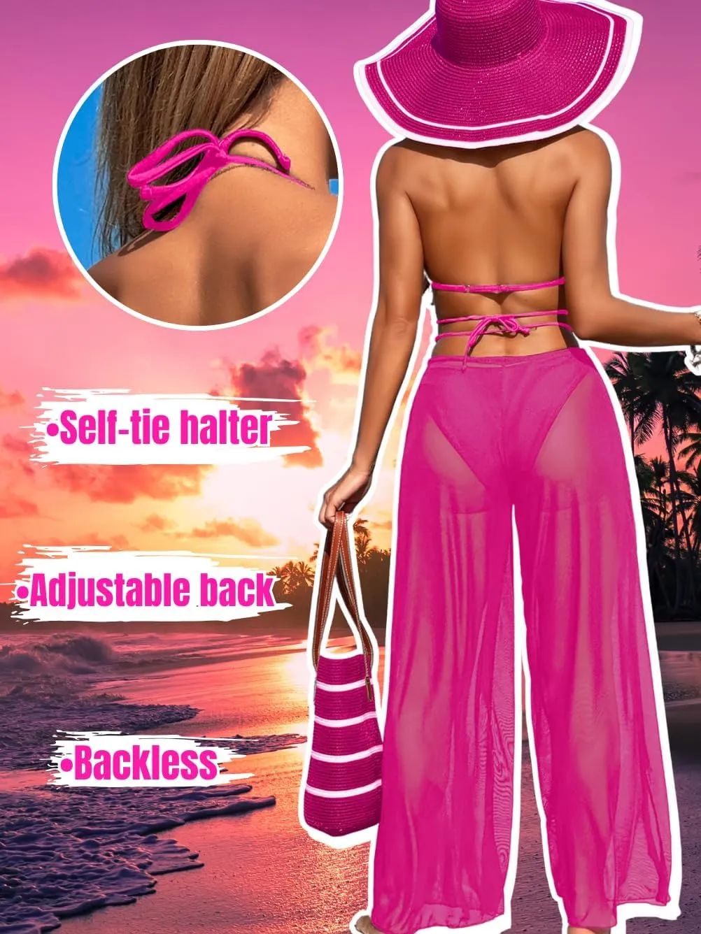 3 Piece Bikini Sets with Mesh Cover Up Pants, Halter Cheeky Thong Swimsuits, Sexy Bathing Suits for Women