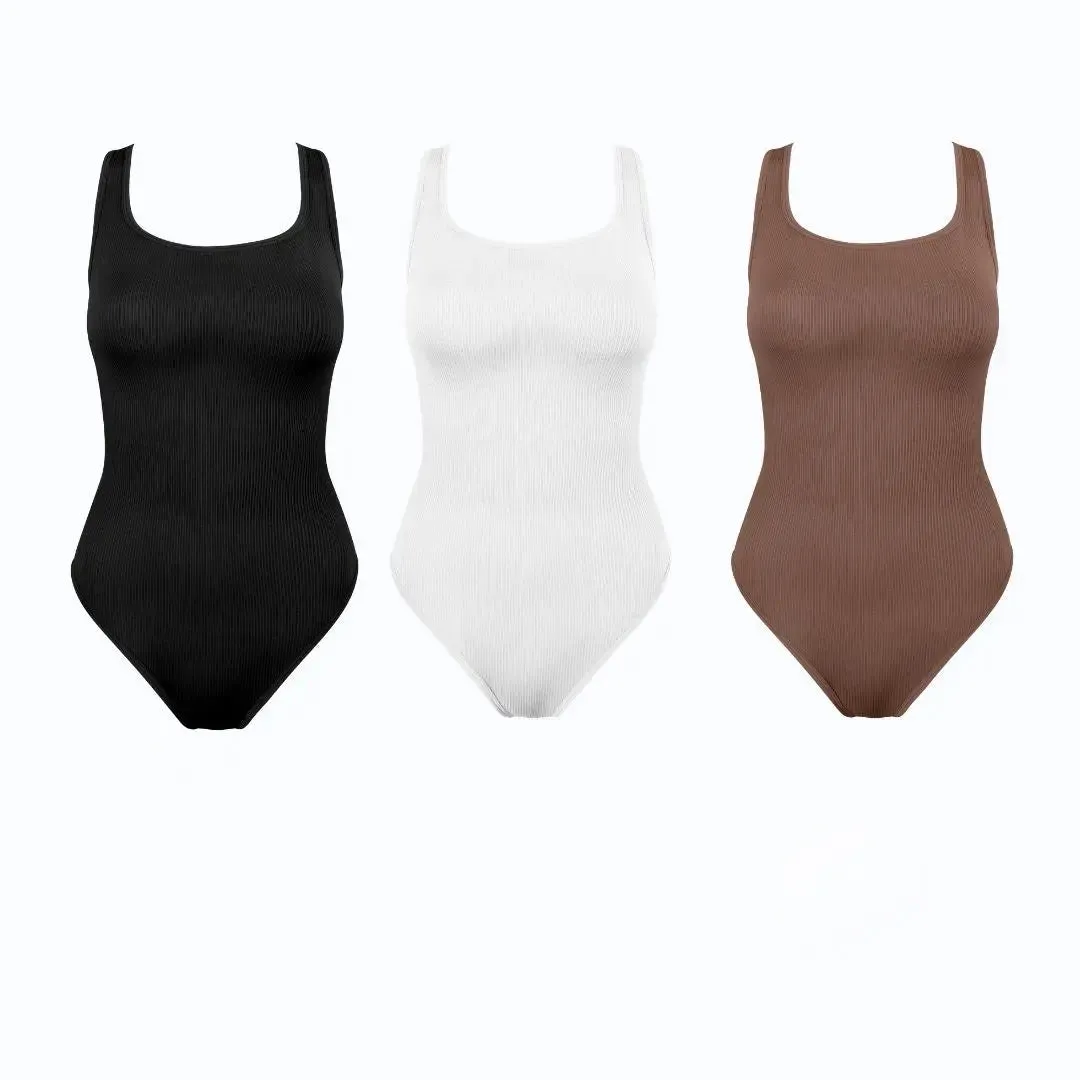3-Piece Women's Square-Neck Bodysuit,Tummy Control Bodysuit, Tops, Womenswear Fit Spandex Sleeveless ribbed bodysuit