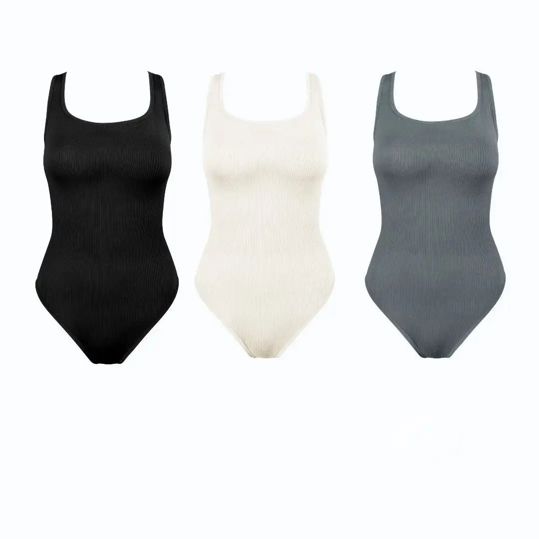 3-Piece Women's Square-Neck Bodysuit,Tummy Control Bodysuit, Tops, Womenswear Fit Spandex Sleeveless ribbed bodysuit