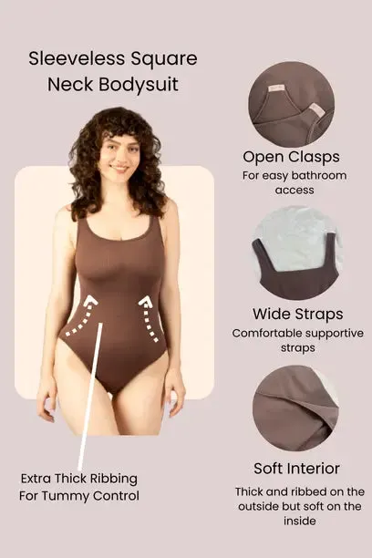 3-Piece Women's Square-Neck Bodysuit,Tummy Control Bodysuit, Tops, Womenswear Fit Spandex Sleeveless ribbed bodysuit