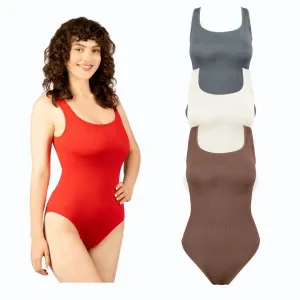 3-Piece Women's Square-Neck Bodysuit,Tummy Control Bodysuit, Tops, Womenswear Fit Spandex Sleeveless ribbed bodysuit