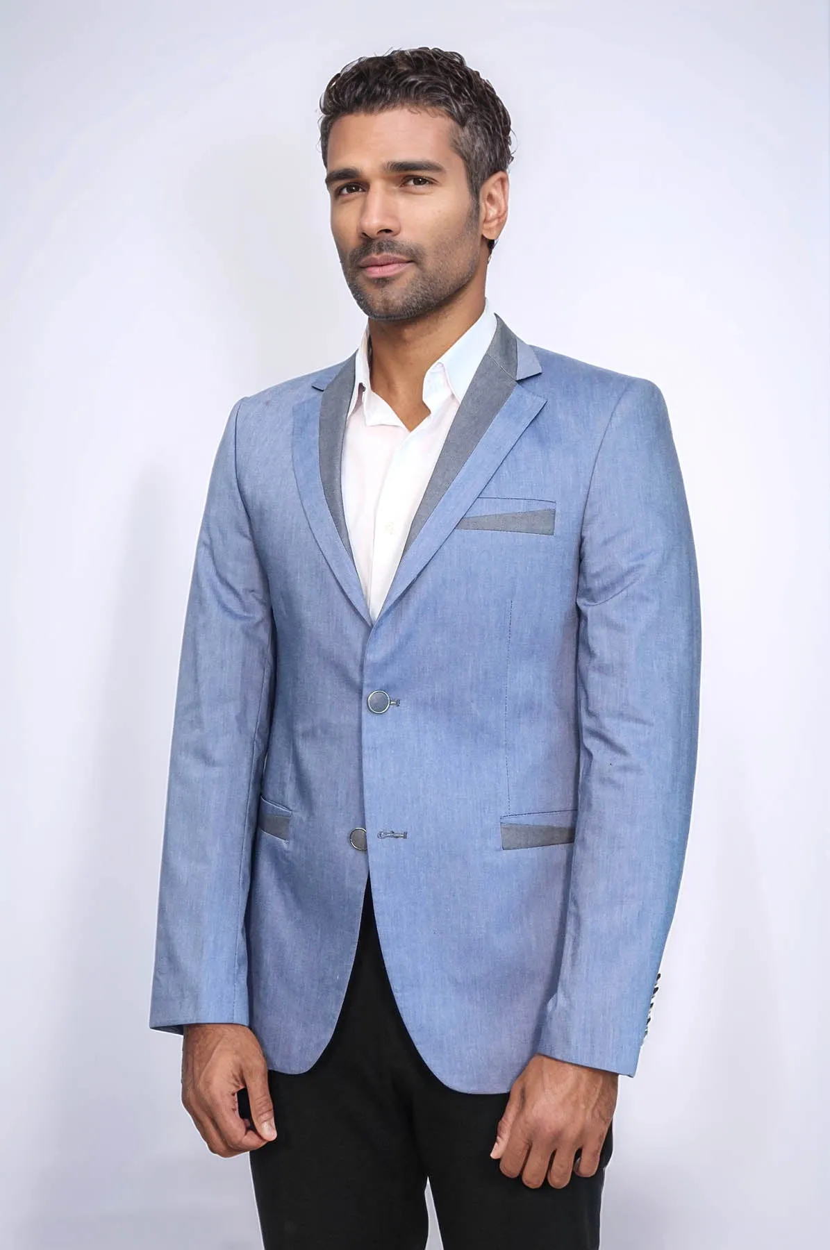3 Pockets 2 Buttons Cross Piping Light Blue Jacket-Wessi