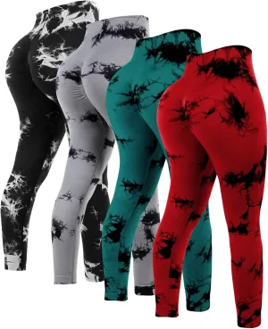 4 Pcs Womens Workout Leggings Tie Dye High Waisted Yoga Pants Seamless Scrunch Butt Lifting Compression Tights