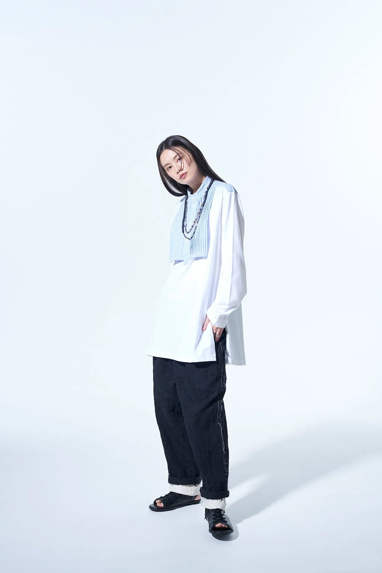 40/2 COTTON JERSEY   STRIPED FABRIC CHEST PIN TUCKED SHIRT