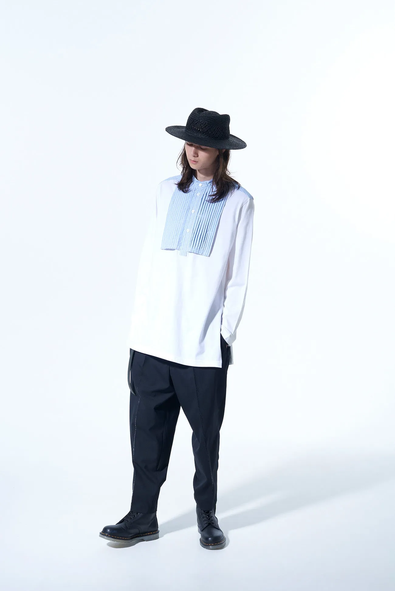 40/2 COTTON JERSEY   STRIPED FABRIC CHEST PIN TUCKED SHIRT