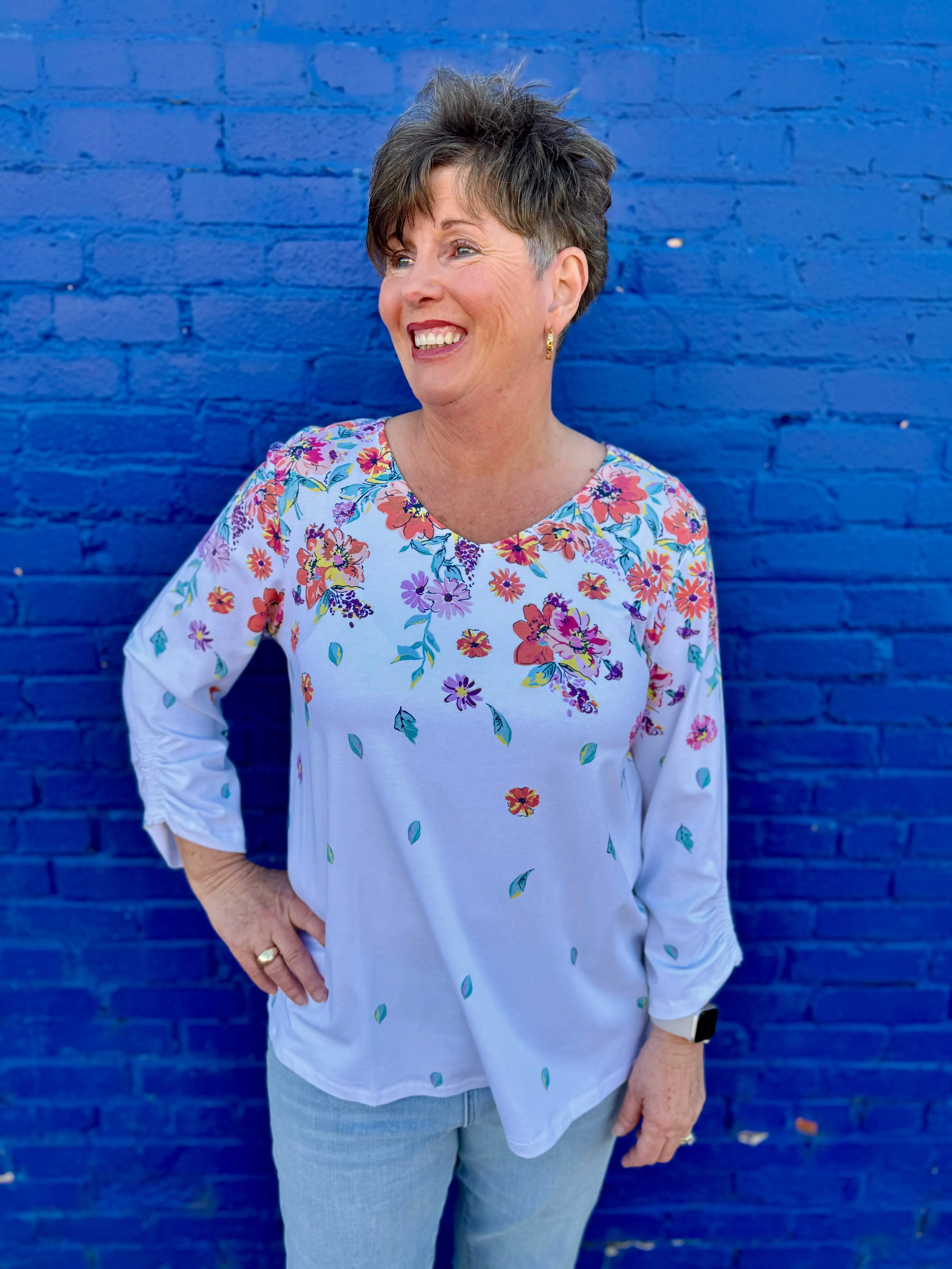 A La Carte: Placement Print V-Neck Knit Top with Smocked Cuffs