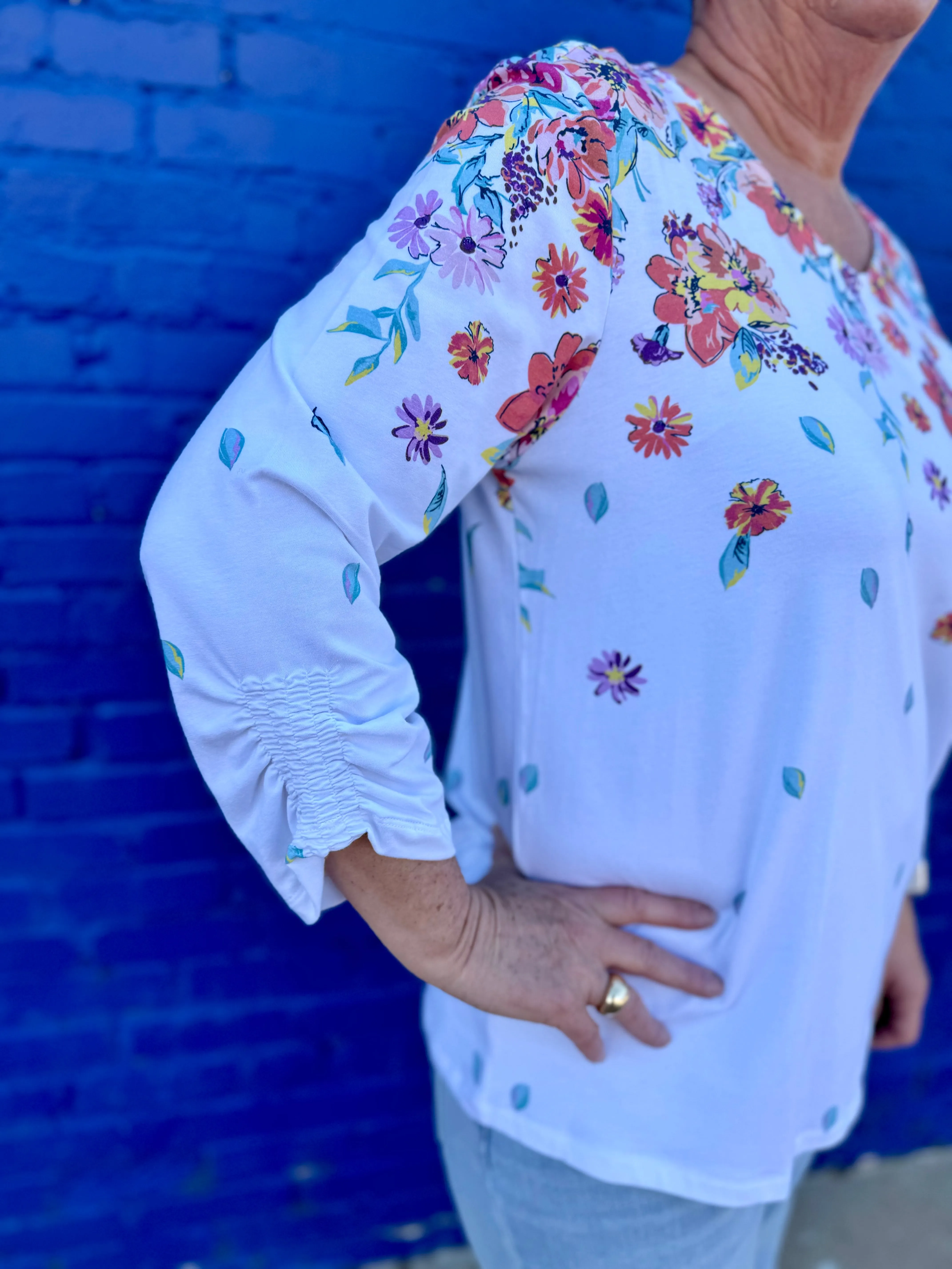 A La Carte: Placement Print V-Neck Knit Top with Smocked Cuffs