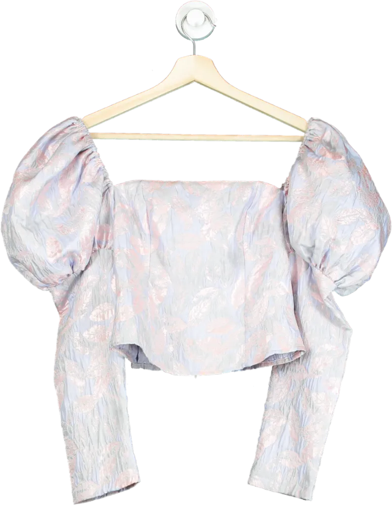 abitu Pink and Blue Brocade Puff Sleeve Blouse UK S