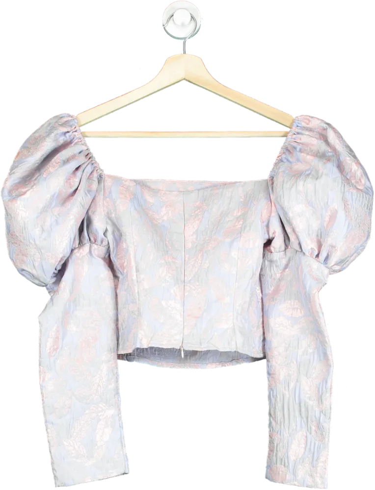 abitu Pink and Blue Brocade Puff Sleeve Blouse UK S