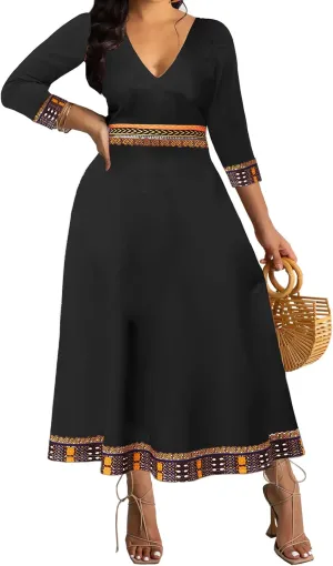 African Dresses for Women Elegant V Neck 3/4 Sleeve Casual Long Maxi African Attire Dress