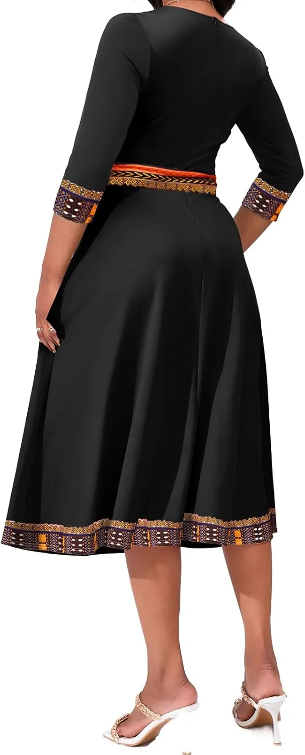 African Dresses for Women Elegant V Neck 3/4 Sleeve Casual Long Maxi African Attire Dress