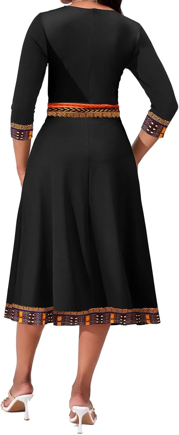 African Dresses for Women Elegant V Neck 3/4 Sleeve Casual Long Maxi African Attire Dress