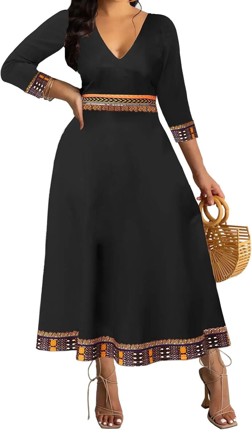 African Dresses for Women Elegant V Neck 3/4 Sleeve Casual Long Maxi African Attire Dress