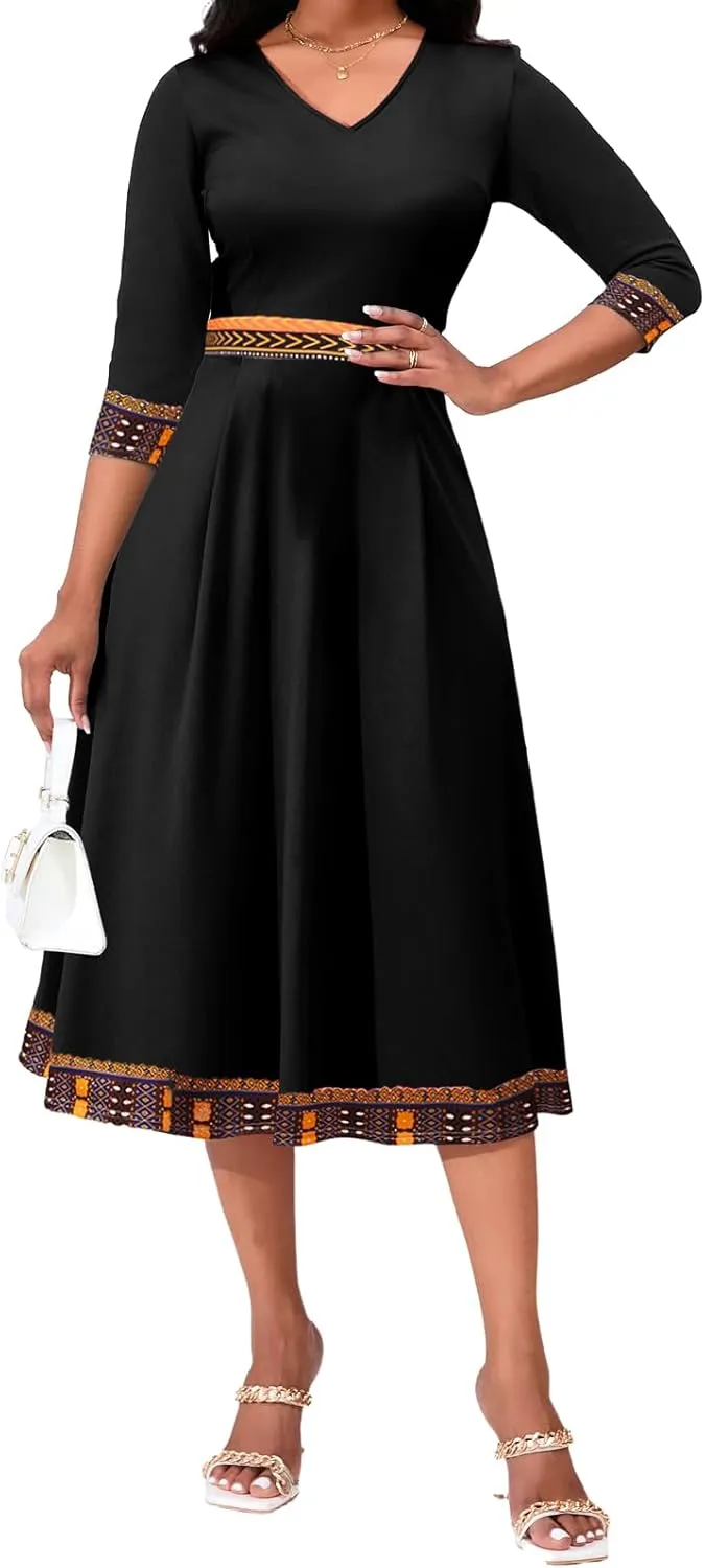 African Dresses for Women Elegant V Neck 3/4 Sleeve Casual Long Maxi African Attire Dress
