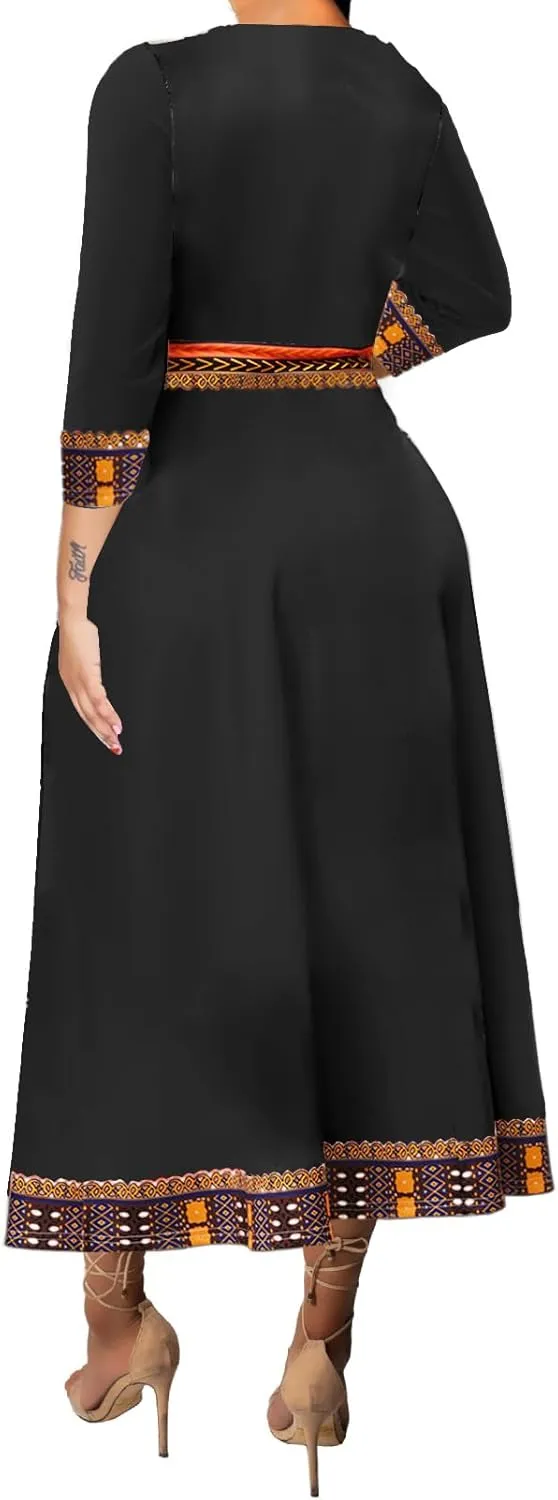 African Dresses for Women Elegant V Neck 3/4 Sleeve Casual Long Maxi African Attire Dress