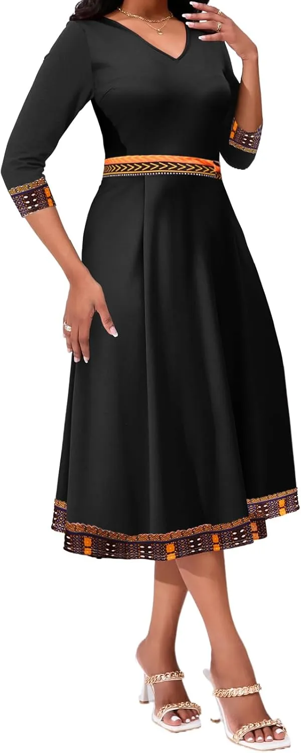 African Dresses for Women Elegant V Neck 3/4 Sleeve Casual Long Maxi African Attire Dress