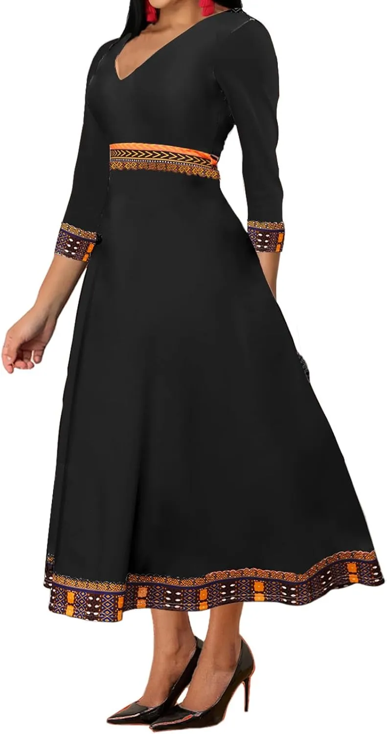 African Dresses for Women Elegant V Neck 3/4 Sleeve Casual Long Maxi African Attire Dress