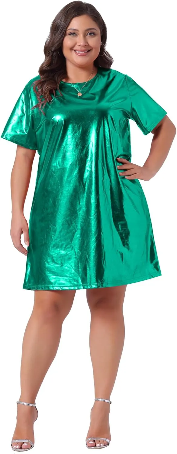 Agnes Orinda Plus Size Dress for Women Metallic Round Neck Short Sleeve Party Clubwear Loose Mini T-Shirt Dress