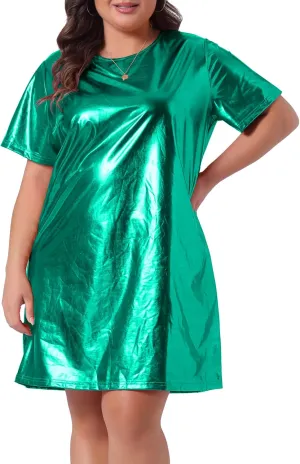 Agnes Orinda Plus Size Dress for Women Metallic Round Neck Short Sleeve Party Clubwear Loose Mini T-Shirt Dress