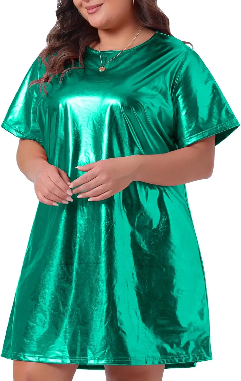 Agnes Orinda Plus Size Dress for Women Metallic Round Neck Short Sleeve Party Clubwear Loose Mini T-Shirt Dress